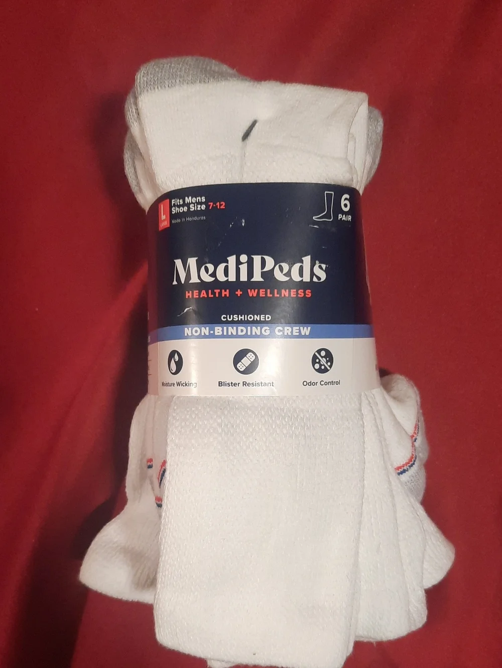 MediPeds Men's Cushioned Non-Binding Crew Socks Blister Resistant White (6 Pack)